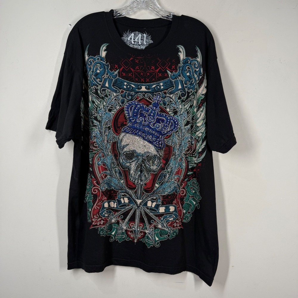 Four Forty One 441 Mens XL Skull Crown Rhinestone Affliction Style T Shirt Y2K